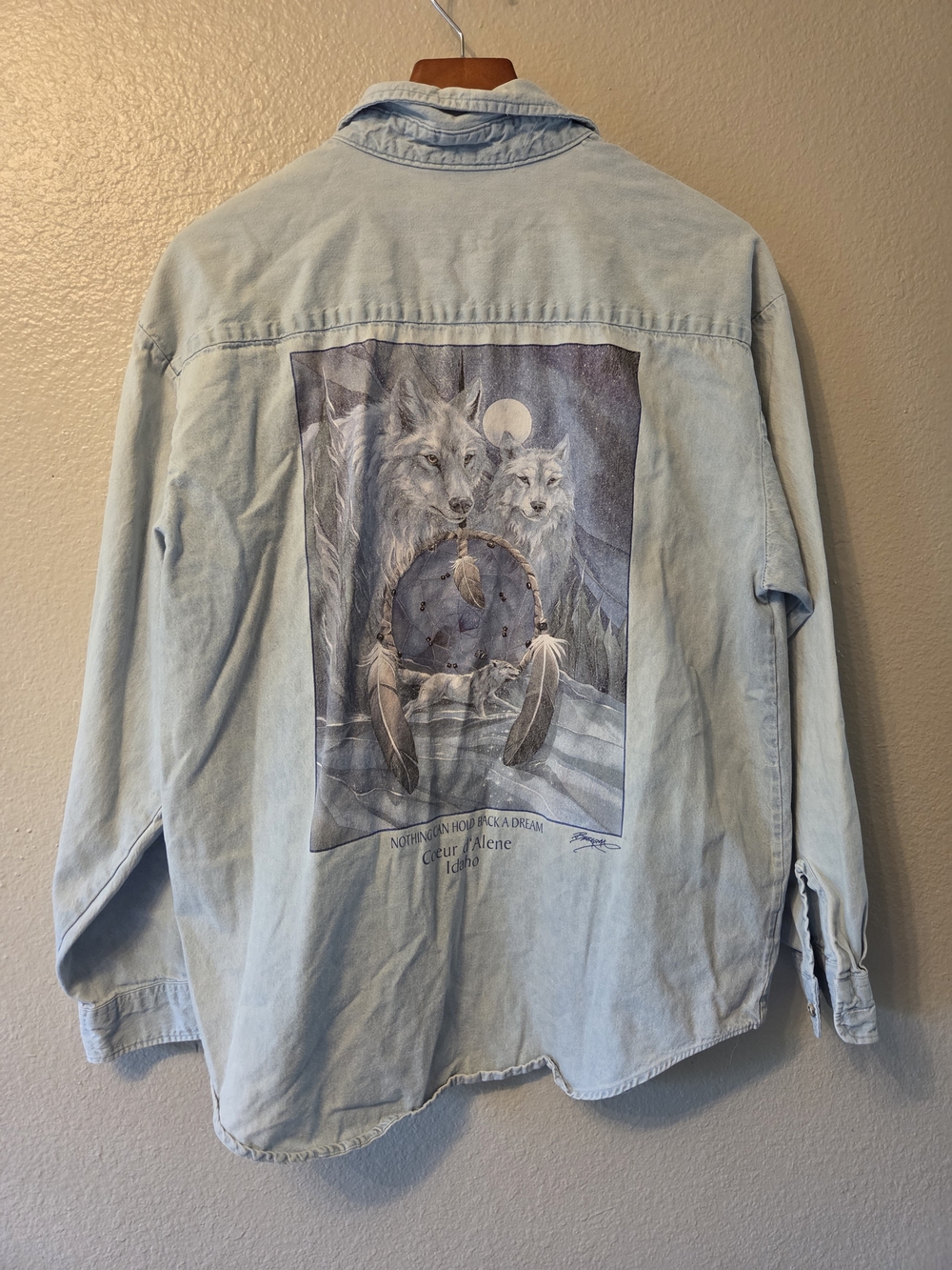 Light Blue Women's Button-Down Shirt with Wolf Dreamcatcher Graphic Cottagecore